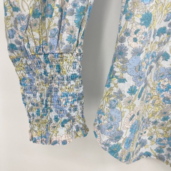 Free People Blue Floral Button Front Top Long Sleeve Cottage Bohemian - Picture 5 of 9